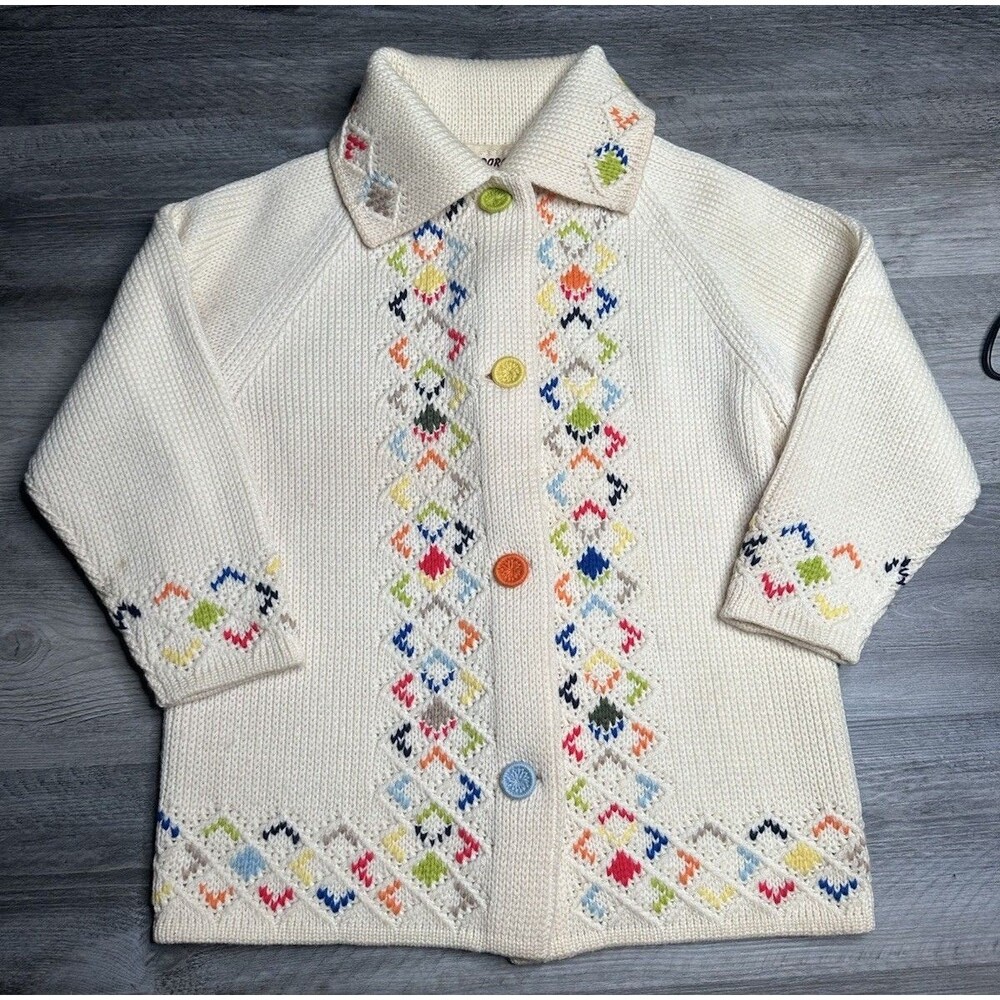 VTG Dorce for LeRoy Knitwear Hand Knit Cardigan Sweater Ivory Rainbow Diamond L